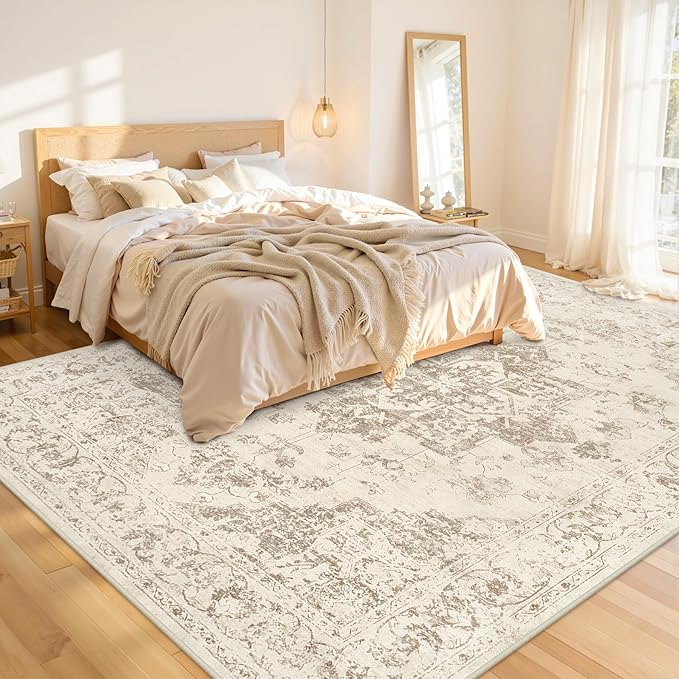 Area Rugs 9x12 Living Room: Vintage Boho Neutral Washable Rug Indoor Soft Large Area Rug Carpet for Bedroom Nursery Farmhouse Dining Room Office Floor Non-Slip Low Pile Under Table Rug Beige/Ivory