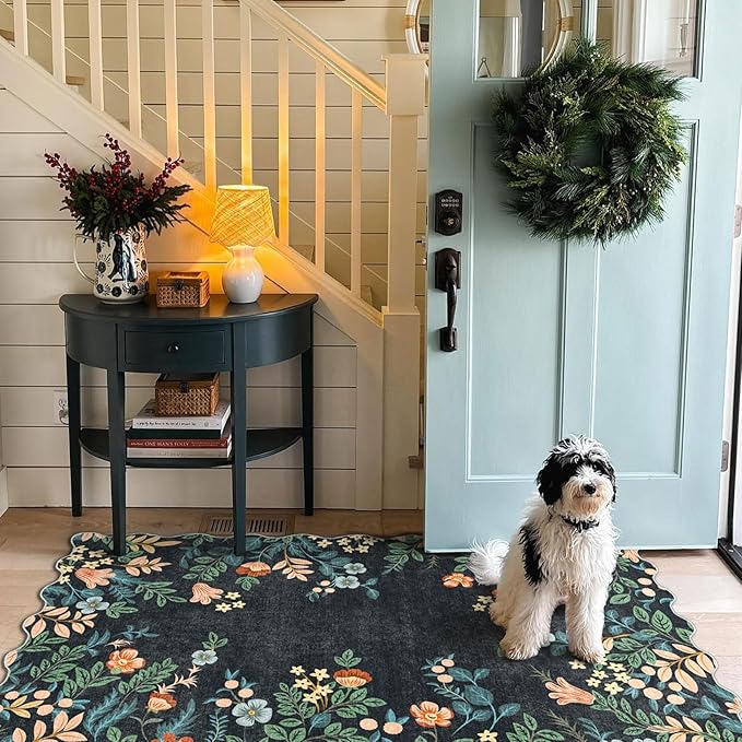 Black Floral Entry Rug - 3x5 Ft Washable Indoor Outdoor Mats for Front Door Porch Rug Non-Slip Spring Door Mat Boho Throw Rugs for Living Room Bedroom Entryway Kitchen Office Porch Decor