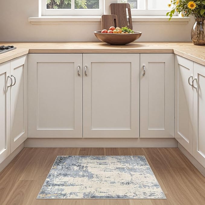 UERMEI 2x3 Entryway Area Rug: Washable Neutral Modern Abstract Small Rug - Non-Slip Low Pile Throw Indoor Carpet for Entrance Kitchen Front Door Mat Bathroom Entry Kids Room - Blue/Light Brown
