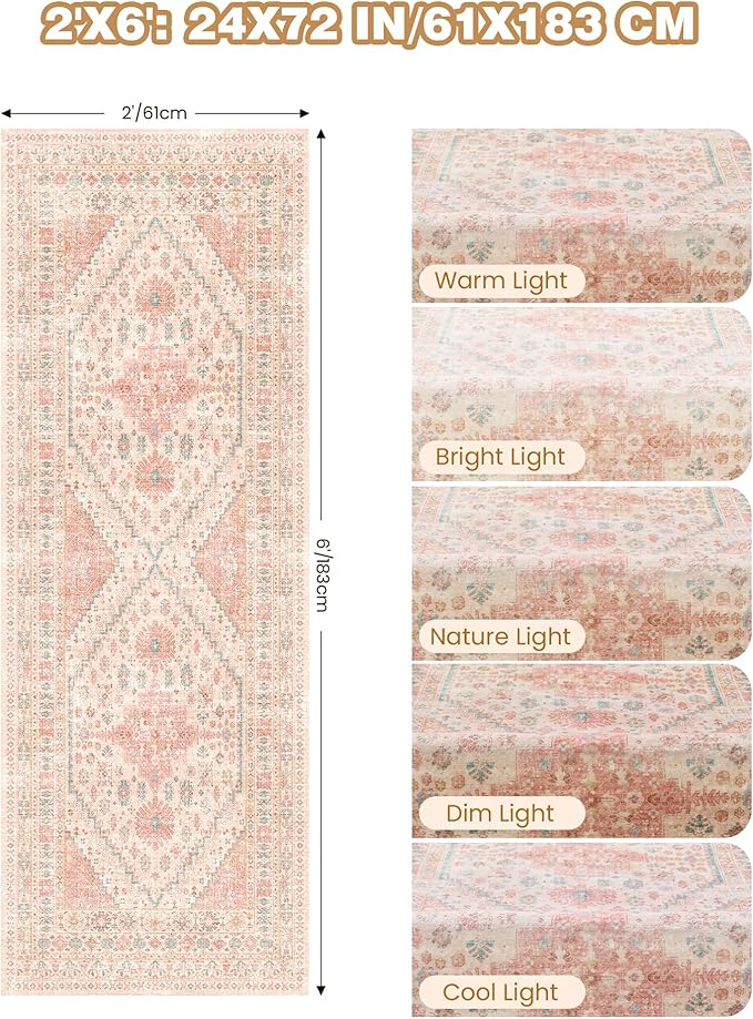 Runner Rug 2x6, Non Slip Washable Rugs for Laundry Room, Runners for Hallways, Low Pile Vintage Soft Rugs for Living Room, Kitchen Bathroom,Bedroom Rug(Pink,2'x6')