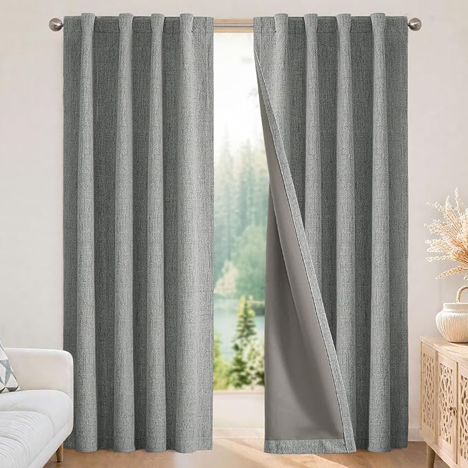 Joydeco Blackout Curtains for Bedroom - 72 Inch Long 100% Light Blocking 2 Panels Light Grey Drapes, Thermal Insulated Room Darkening Curtains, Linen Textured for Living Room, Rod Pocket & Back Tabs