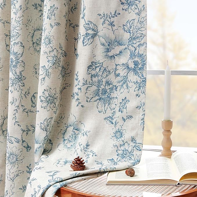 jinchan Blackout Floral Curtains for Living Room Bedroom Linen Blend Curtain Farmhouse Blue Printed with Lined Back Tab Rod Pocket Drapes Window Treatments 2 Panels 63 Inch