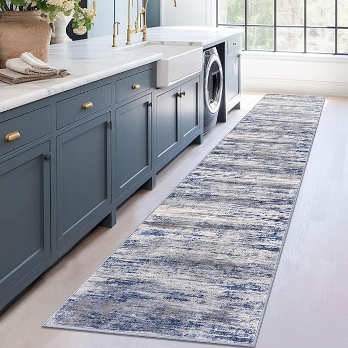 KOZYFLY Modern Abstract Hallway Runner, 2x12 Washable Rug Runner Non-Slip Soft Striped Kitchen Runner Rug, Grey Blue Print Carpet for Entryway Bathroom Laundry Room Foyer