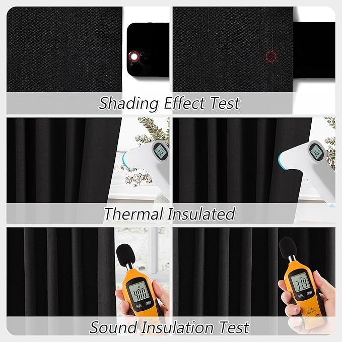 Guken Black 100% Blackout Curtains 120 Inch Length 2 Panels Set for Living Room Bedroom Back Tab Thermal Insulated Black Out Linen Drapes Room Darkening Window Curtains,52x120