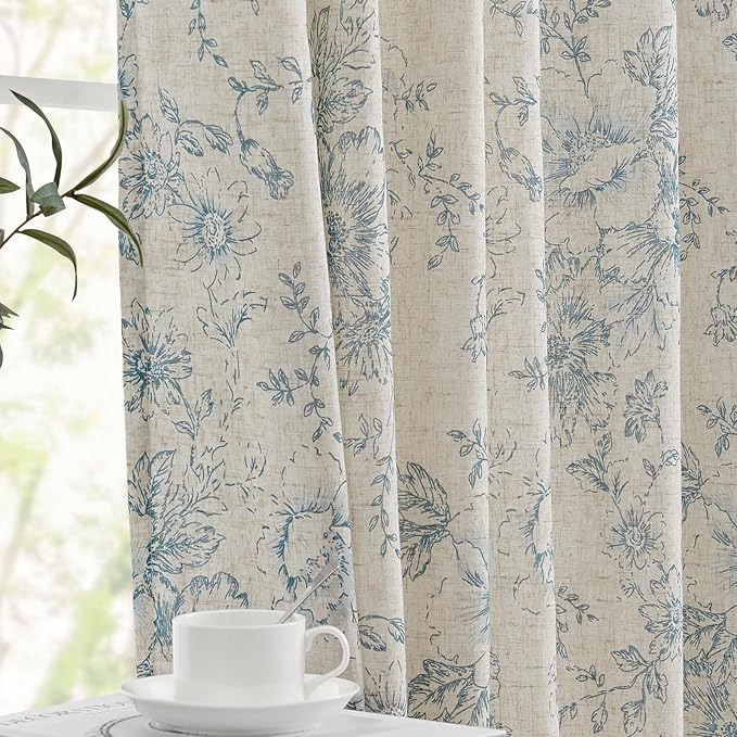 jinchan Lined Linen Blend Curtain Floral Curtains for Living Room 84 Inches Long Blue Peony Flower Printed Curtain Rod Pocket Back Tab Farmhouse Patterned Drapes Bedroom Window Curtains Set 2 Panels