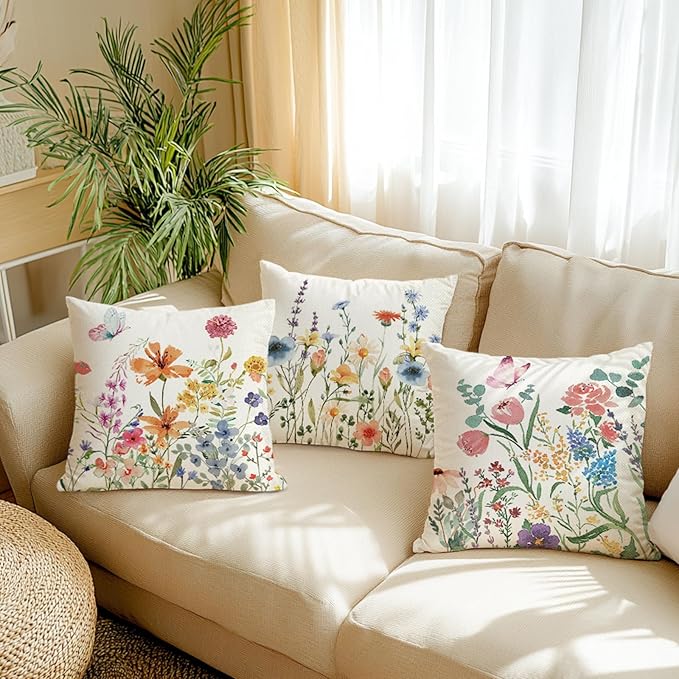 ONFAON Spring Decorations for Home - Spring Pillow Covers 18x18, Outdoor Pillow Covers Springtime Farmhouse Throw Pillow Cover Garden Linen Cushion Case for Home Decor