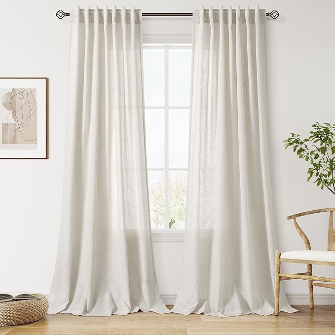 Nanspring Mousse White Linen Curtains for Living Room 108 Inches Long Simple Modern Light Filtering Semi Sheer Curtain Back Tab Coastal Decor Floor to Ceiling High Window for Bedroom 52x108, 2 Panels