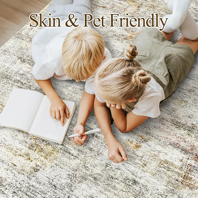 9x12 Area Rugs for Living Room, Non Slip Machine Washable Vintage Rugs, Low Pile Lightweight Large Rug for Bedroom, Dining Room, Home Office Gray Rust