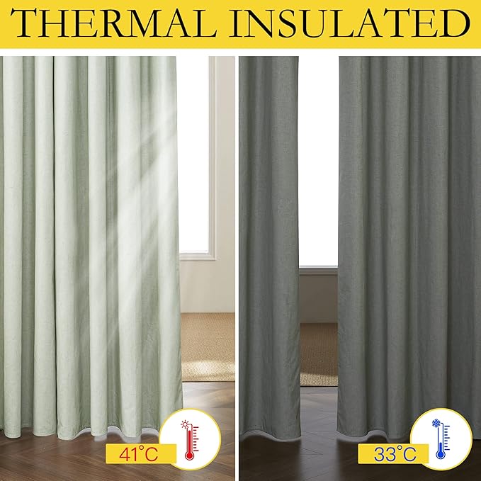 NICETOWN Sage Green High-End Thermal Flax Linen Curtains, 52" Wide Per Panel, Set of 2, Full Blackout Privacy Drapes 72 Inches Long for Dining Room, Soundproof Window Treatment Panels for Hall Room