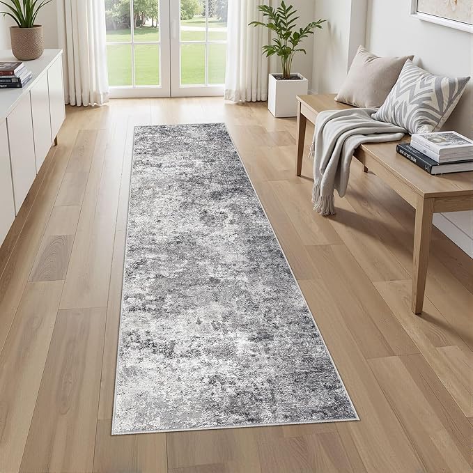 UERMEI 2X8 Washable Runner Rug for Hallway: Soft Neutral Modern Abstract Area Rug - Non-Slip Low Pile Long Throw Indoor Carpet for Kitchen Entryway Kitchen Bedroom Laundry - Grey