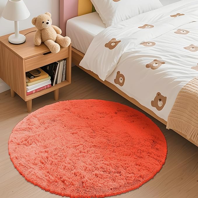 OLANLY Coral Red Round Rugs for Bedroom - Machine Washable, 3 ft Circle Area Rugs for Living Room, Soft and Fluffy Shaggy Carpet for Teen Girl and Boys, Nursery Rooms, Dorms, Home Decor Aesthetic