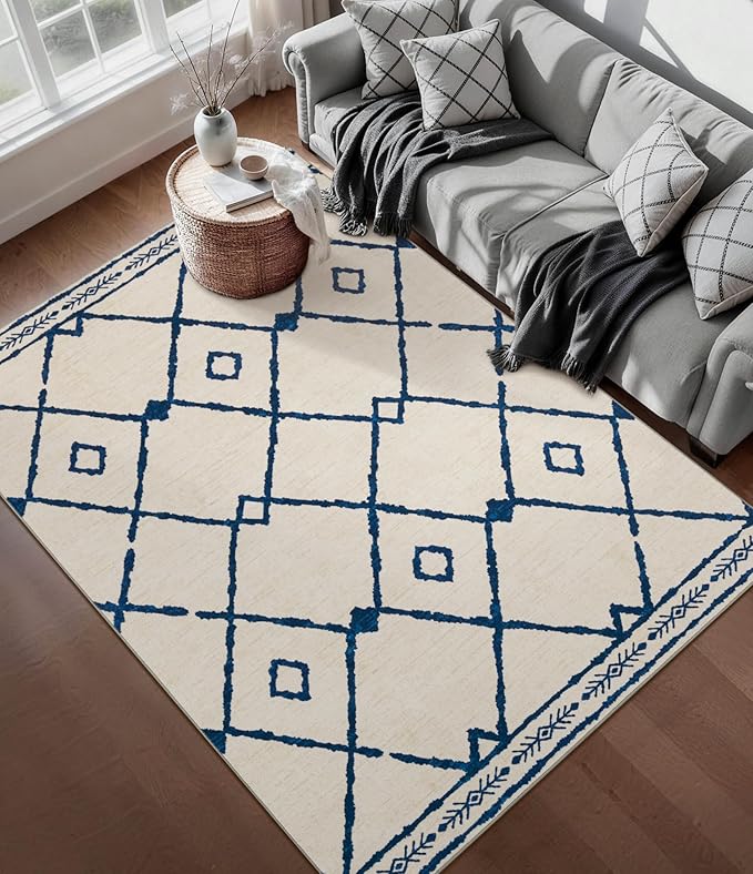 YIHOUSE Boho 5x7 Area Rugs for Living Room, Western Beige and Blue Rug, Moroccan Geometric Soft Low-Pile Washable Rugs for Bedroom, Dining Room