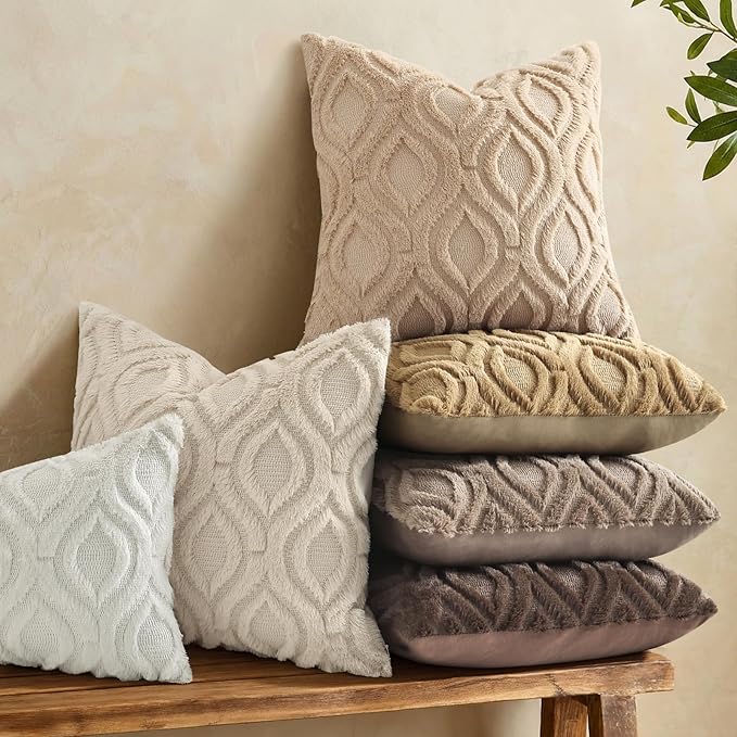 decorUhome Throw Pillow Covers 18x18 Inch Set of 2, Soft Plush Faux Wool Light Khaki Solid Couch Pillow Covers, Accent Farmhouse Neutral Square Pillow Cases for Sofa Bed Living Room