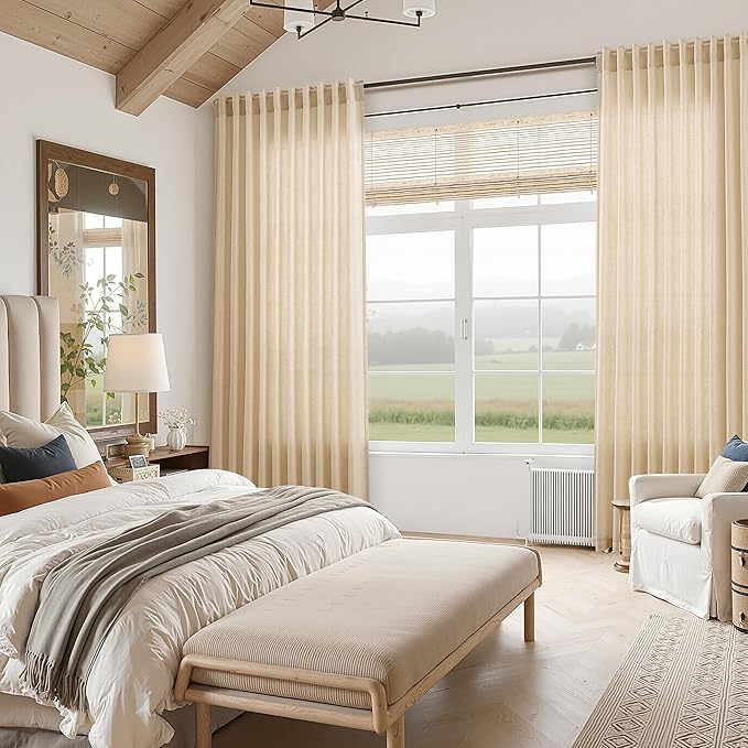 Tan Linen Curtains 96 Inches Long for Living Room Rod Back Tab Vintage Rustic Farmhouse Light Filtering Curtain Burlap Textured Linen Drapes 96 Inch Dinning Room Bedroom 52x96 8FT,2 Panels