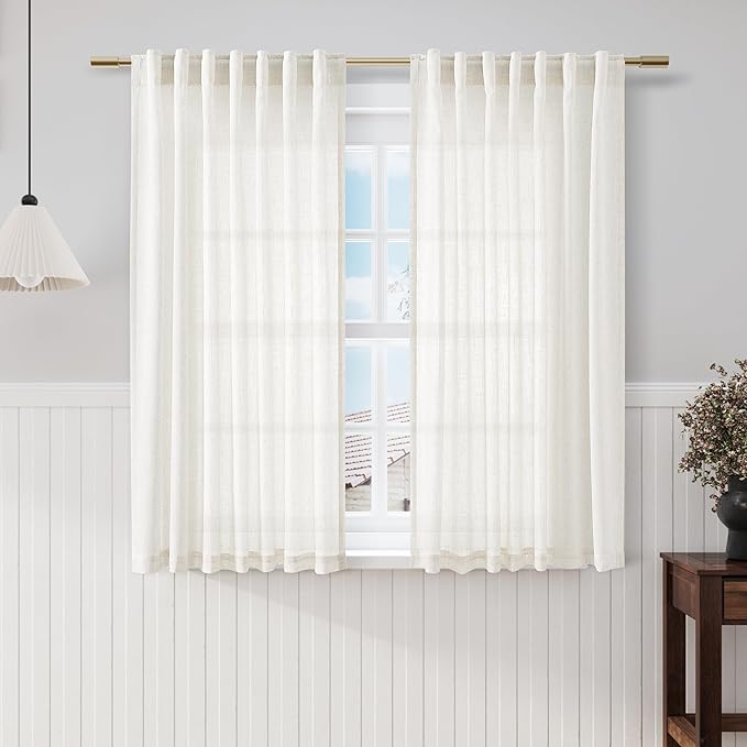 Beige White Kitchen Cafe Sheer Curtains 54 Inch Long 2 Panel Back Tab Linen Textured Light Filtering Short Neutral Bohemian Farmhouse Bedroom Bathroom Curtains 52Wx54L