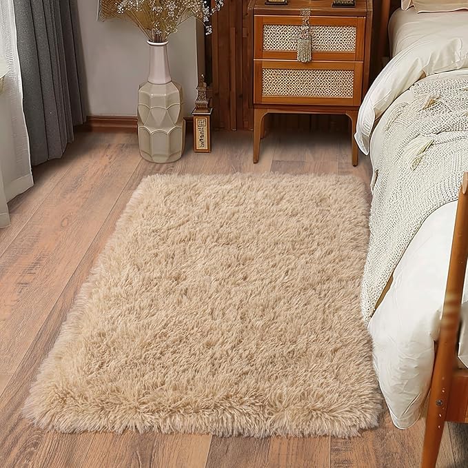 Soft Runner Rugs for Bedroom Hallways, 2 Packs 2x3 Beige Fluffy Shag Throw Area Rug Non Slip for Bedside Dorm, Long Shaggy Furry Carpet for Nursery Living Room