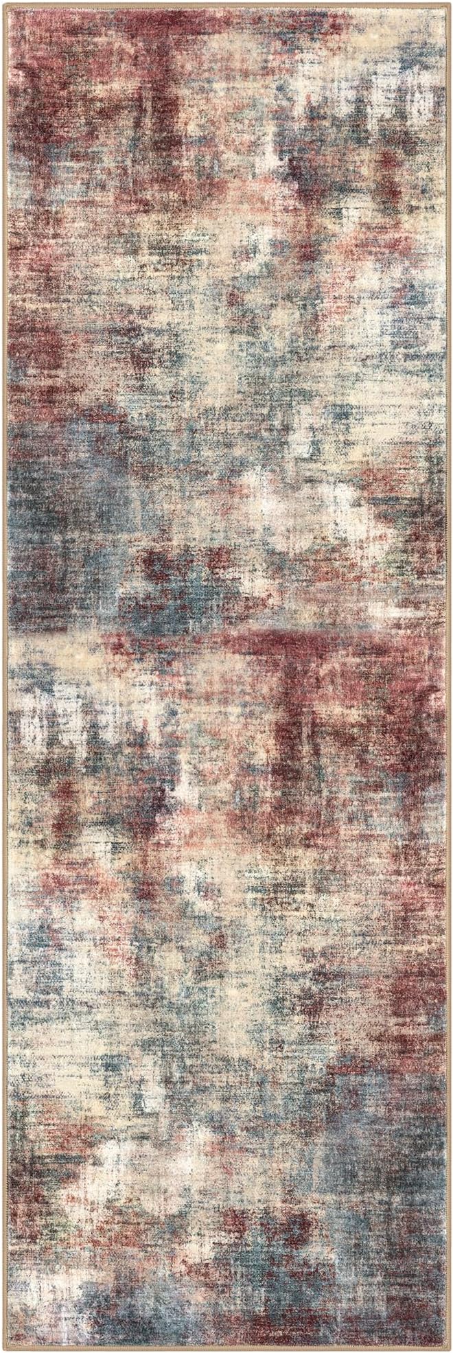 IOHOUZE Abstract Runner Rug 2x6 Ft Washable Runners for Hallways, Non Slip Kitchen Runner Printed Faux Wool Entryway Runner Indoor, Modern Abstract Floor Carpet for Hall Kitchen Bedroom, Red/Multi