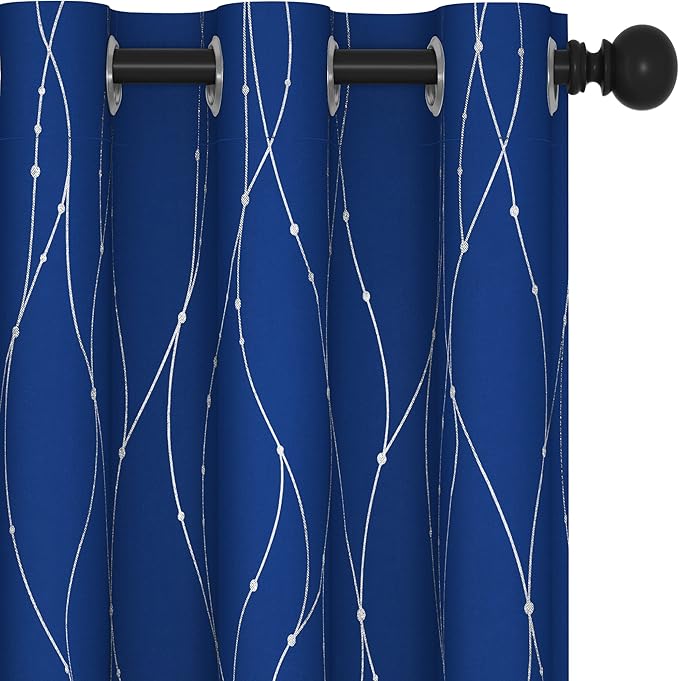 Deconovo Blackout Curtains, 38 x 84 Inch Drapes for Living Room with Wave Dots Silver Print, Soundproof Thermal Insulated Window Curtain for Bedroom Nursery, Set of 2, Machine Washable, Royal Blue