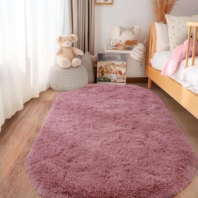 Pionblank Fluffy Oval Area Rug for Bedroom 3.3x6.2 Feet, Cute Plush Throw Rugs for Bedside, Ultra Soft Shag Carpet for Living Room Kids Room Nursery Teens Dorm Home Decor, Blush