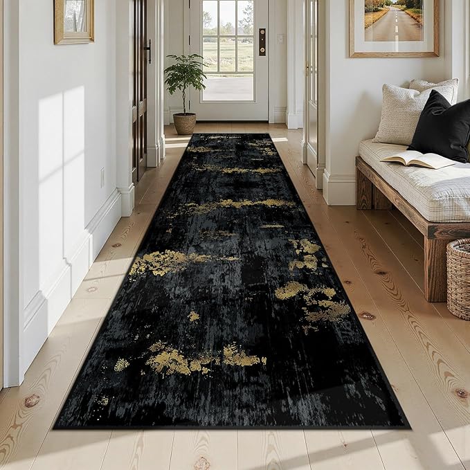 Washable Area Rugs 3x12 Non-Slip Modern Abstract Soft for Living Room Entryway Bedroom Nursery, Print Pattern, Dark Black Gold