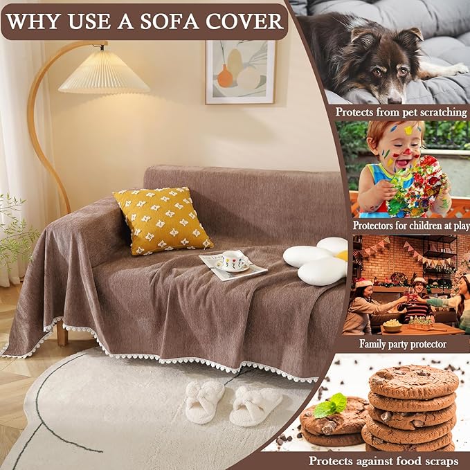 HANDONTIME Brown Sofa Covers Simple Couch Cover for Pet White Floral Couch Cushion Covers for L Shape Chocolate Sofa Throw Cover Sectional Couch Covers for Living Room Machine Washable, 71" X134"