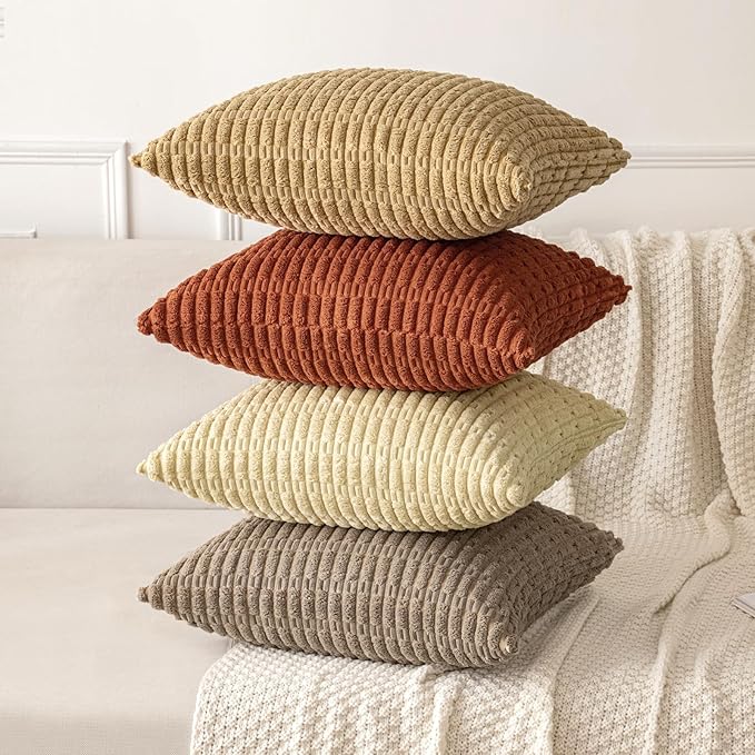 MIULEE Pack of 2 Dark Rust Corduroy Decorative Pillow Covers 20x20 Inch Soft Boho Striped Throw Pillow Covers Modern Farmhouse Home Decor for Summer Sofa Living Room Couch Bed