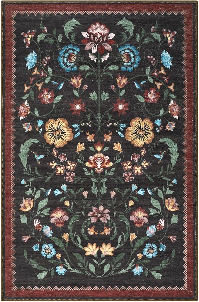 GarveeHome Floral Rug for Entryway 2x3 Rugs Machine Washable Boho Small Area Rug Non-Slip Low-Pile Front Door Soft Mat for Entrance, Bedroom, Kitchen, Laundry, Bathroom, Red