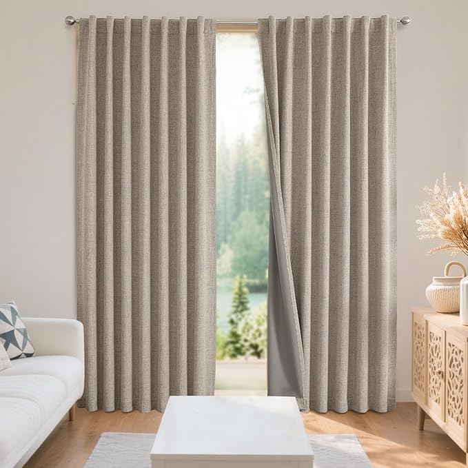 Joydeco 100% Blackout Curtains for Bedroom-Natural Linen Curtains,Thermal Insulated-Linen Light Blocking Drapes,Rod Pocket & Back Tabs(Linen,52" W x 90" L),(Pack of 16)