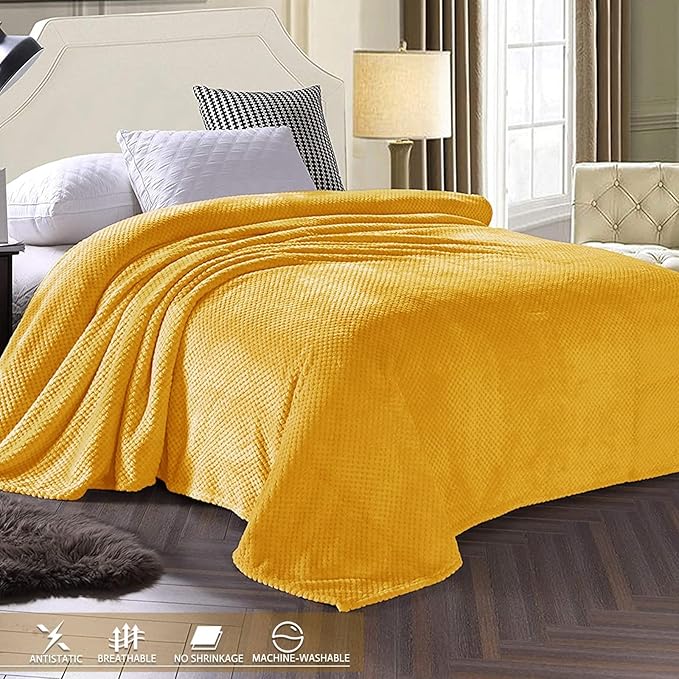 Exclusivo Mezcla Fleece Throw Blanket Extra Large, Super Soft and Warm Blankets for Couch, Sofa and Bed Waffle Textured, Cozy, Fuzzy and Lightweight (Mustard Yellow, 50x70 Inches)
