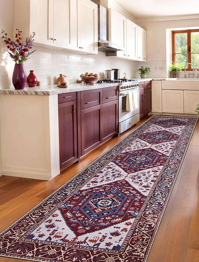 SERISSA Runner Rug for Hallways, 2'6"x12' Washable Non Slip Runner Rug, Extra Long Boho Rug Ultra Soft Vintage Burgundy Navy Print Floor Carpet for Bedroom Hallway Entryway Bathroom Laundry Room