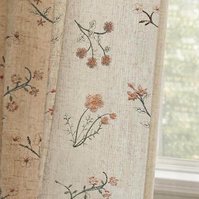 Floral Embroidered Linen Blend Curtains for Bedroom, 84 Inch Light Filtering Spring Farmhouse Vintage Drapes Beige Flower Window Treatments for Living Room Rod Pocket, Set of 2 Panels