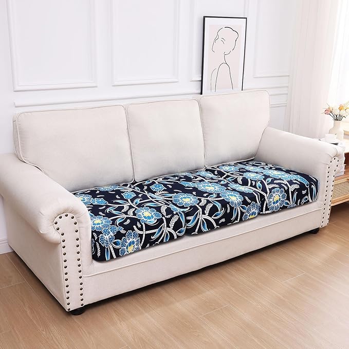 hyha Printed Couch Cushion Covers, Floral Sofa Covers Washable for 3 Cushion Couch, Stretch Pattern Outdoor Cushion Covers for Patio Furniture with Elastic Bottom(3 Packs, Bluebell)