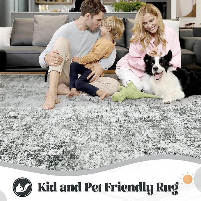 XLUEZ 9x12 Area Rug for Living Room, Washable Modern Abstract Large Area Rug Neutral Soft Non Slip Kids Rug Stain Resistant Indoor Carpet for Bedroom Dining Room Playroom Office(Grey, 9'x12')