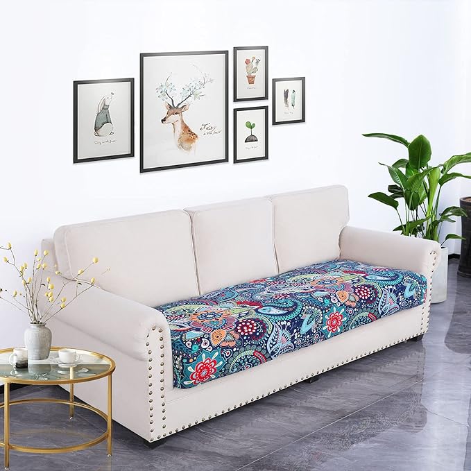 hyha Printed Couch Cushion Covers, Floral Sofa Covers Washable for 3 Cushion Couch, Stretch Pattern Outdoor Cushion Covers for Patio Furniture with Elastic Bottom(Large, Paisley)