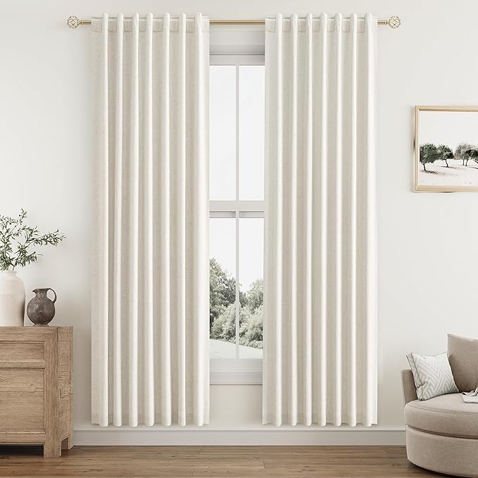 Guken Cream 100% Blackout Linen Curtains 38 Inch Wide by 80 Inch for Living Room Bedroom Back Tab Rod Pocket Thermal Insulated Black Out Drapes Room Darkening Farmhouse Window Curtains
