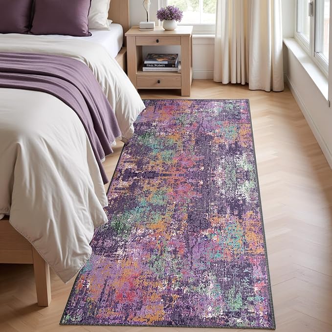 Washable Area Rugs 2'x8' Non-Slip Modern Abstract Soft for Living Room Entryway Bedroom Nursery, Print Pattern, Purple Orange Blue Green Rust Red Colorful