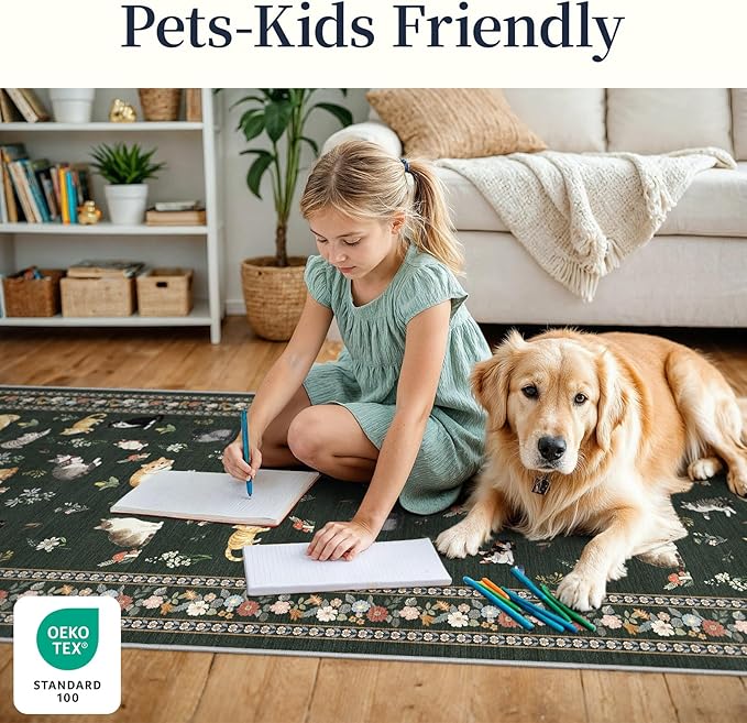 2'6"x8' Washable Kitchen Runner Rug - Soft Low Pile Floral Animal Cat Print Rugs with Non-Slip Backing Waterproof Stain-Resistant Indoor Carpet for Hallway Entryway Bathroom Bedroom (Sage Green)