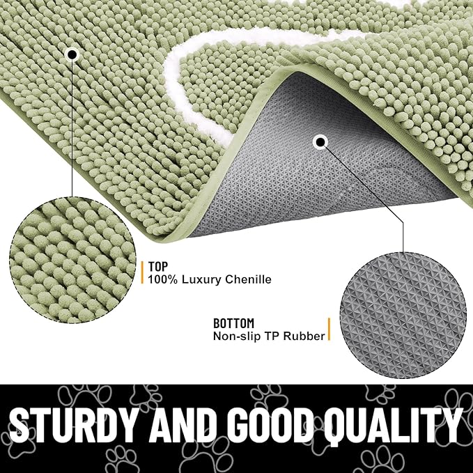 Smiry Dog Door Mat for Muddy Paws, Absorbent Dirt Trapper Non Slip Quick Dry Washable Chenille Mat for Mud Dogs, Entry Rug for Indoor and Outdoor (48x30 Inches, Sage Green and White)