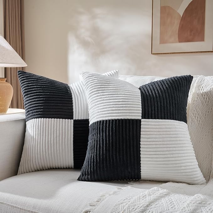 Fancy Homi Set of 2 Black White Decorative Throw Pillow Covers 22x22 Inch for Living Room Couch Bed Sofa, Farmhouse Boho Home Decor, Soft Cross Corduroy Patchwork Accent Square Cushion Case 55x55 cm