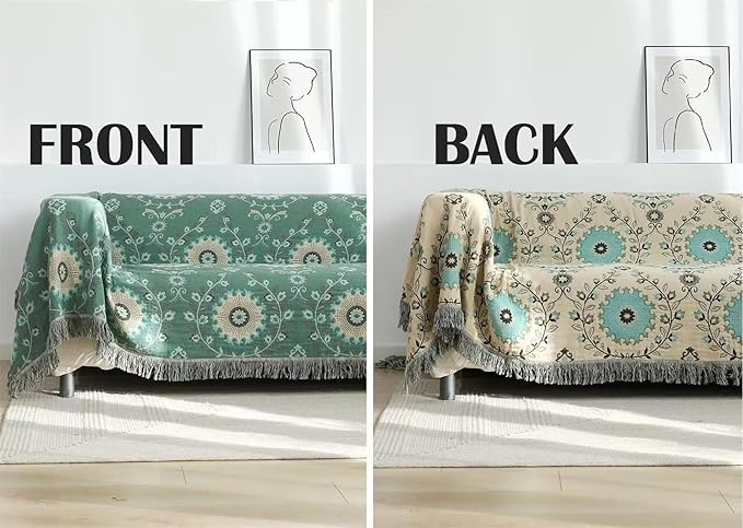MSGKV Boho Throw Blanket for Couch Bed 60''x80'', 100% Cotton Blankets Woven Green Blanket Spring Reversible Spring Breathable Lightweight Decorative Throws