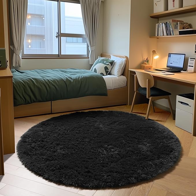 ONASAR Black Round Area Rug 4ft, Soft Bedroom Circle Rugs Floor Mats for Kids Girls Boys Teen Room, Fluffy Plush Shaggy Carpet for Baby Nursery Living Room Playroom Dorm Home Decor