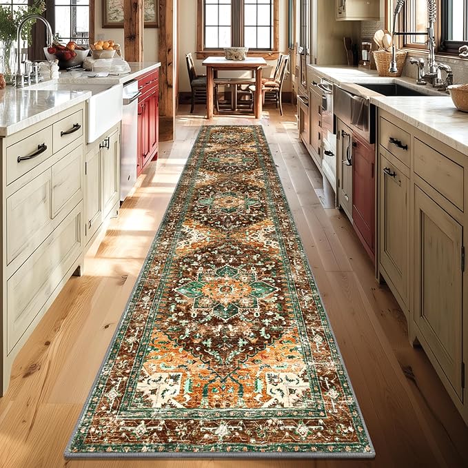 Yamaziot Washable Runner Rug, 2x10 Non-Slip Boho Vintage Hallway Rug Runner with Rubber Backing, Stain Resistant Distressed Carpet Runner for Bedroom, Kitchen, Laundry, Entrance