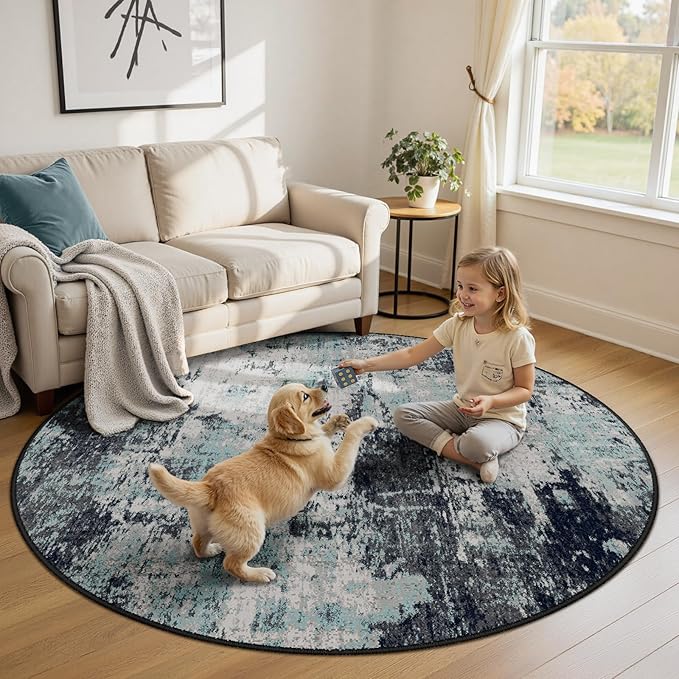 Washable Area Rugs 6ft Non-Slip Modern Abstract Soft for Living Room Entryway Bedroom Nursery, Print Pattern, Blue Black Teal