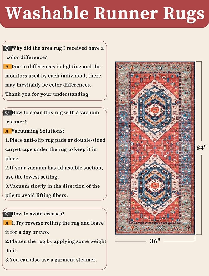 SERISSA Boho Kitchen Runner Rug, 3x7 Washable Non-Slip Runner Rug for Hallways Kitchen Rug, Ultra Soft Vintage Rust Print Distressed Tribal Floor Carpet Runner for Bedroom Entryway Laundry Room