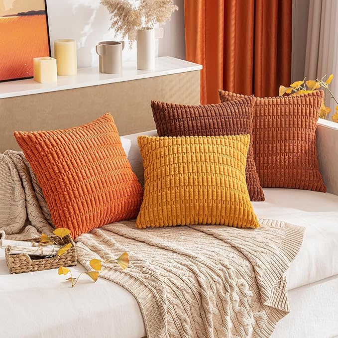 MIULEE Pack of 2 Corduroy Decorative Throw Pillow Covers 18x18 Inch Soft Boho Striped Pillow Covers Modern Farmhouse Home Decor for Sofa Living Room Couch Bed Rust