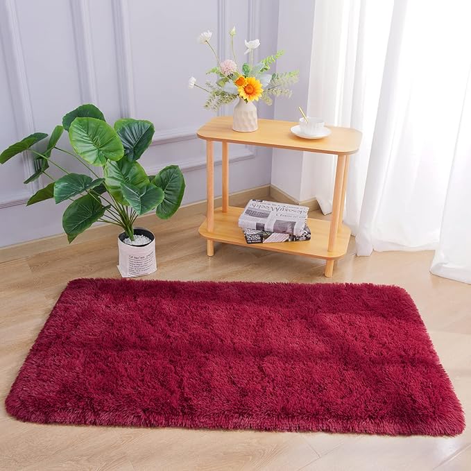 Chicrug Soft Runner Rug for Bedroom Living Room Plush Fluffy Rug 2x4 Feet, Shag Furry Runner Rug Carpet Non Shedding for Nursery Children Kids Girls Room Home Decorative, Wine Red