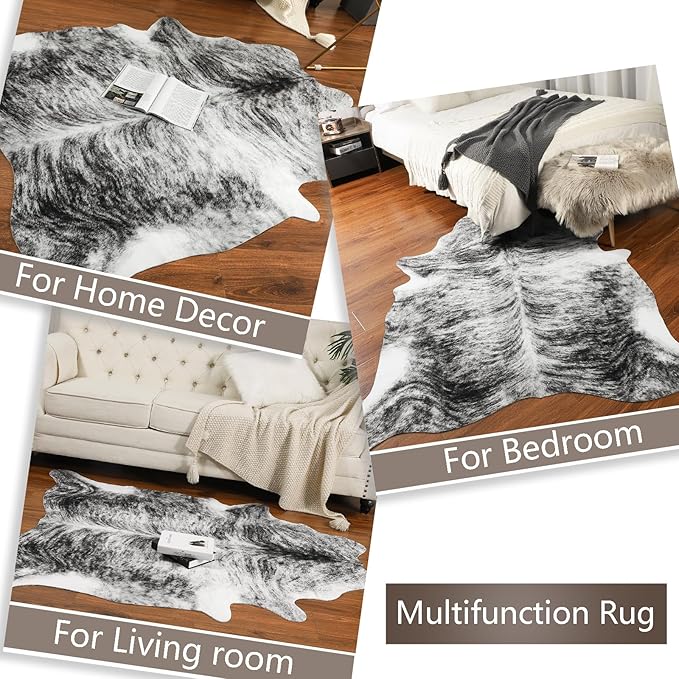 AROGAN Western Decor Faux Fur Cowhide Rug, 4.6 x 5.2 Feet Premium Animal Skin Cow Hide Rug, Sturdy Cow Print Rugs for Wall Decor, Western Floor Carpet for Bedroom Living Room, Black and Grey