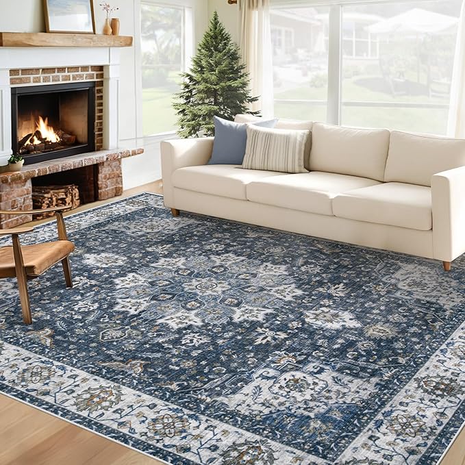 Area Rug 6x9 Washable Rug, Vintage Boho Medallion Rugs Non-Slip Soft Low Pile Large Distressed Rug Indoor Retro Carpet for Living Room Bedroom Dining Room Home Office (Vintage Blue, 6'x9')
