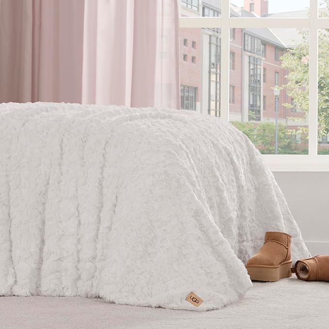 UGG Adalee Faux Fur Twin Blanket for Bed, Soft Blanket or Warm Large Throw for Couch, Washable Twin XL Bedding, Luxury Bedroom Decor, 66" x 90", Natural White
