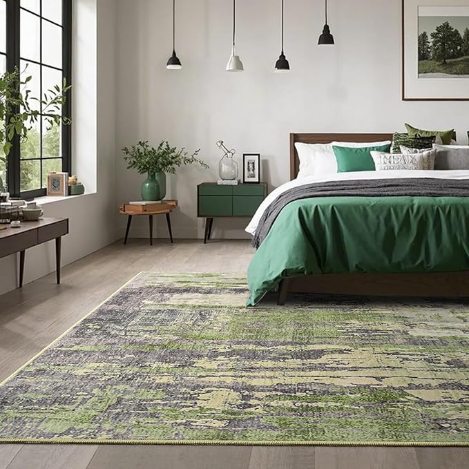 Toneed Abstract Area Rug Modern Washable Rug Soft Non Slip Rug Low Pile for Bedroom Living Room Dining Room Green 8x10 Feet